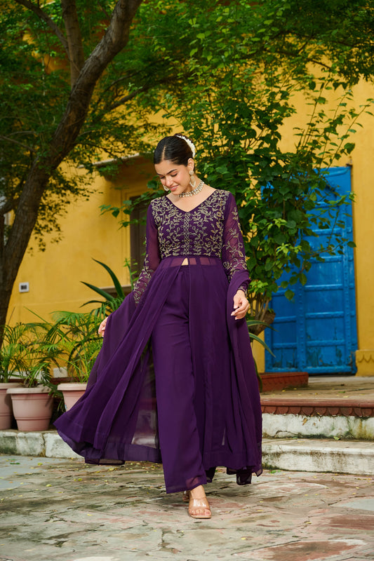 Elegant Wine Faux Georgette Embroidered Anarkali Suit with Matching Dupatta for Wedding and Festive Occasions