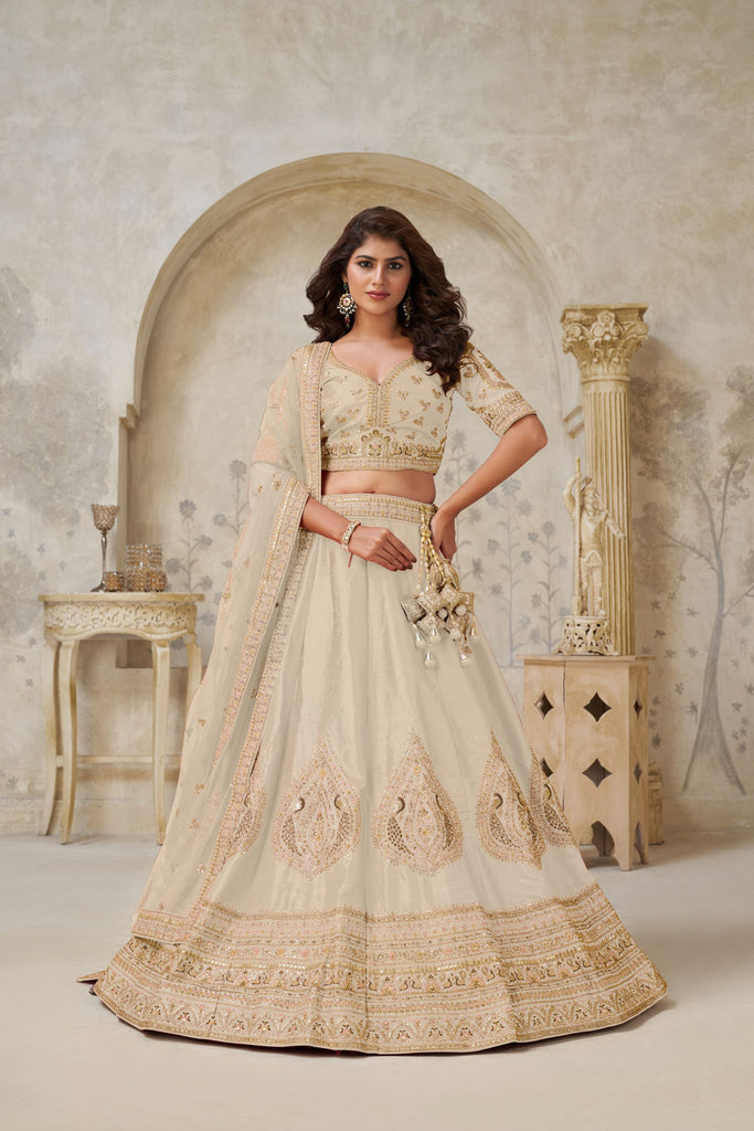 Stunning Cream Silk Embroidered Lehenga Choli with Matching Dupatta for Wedding