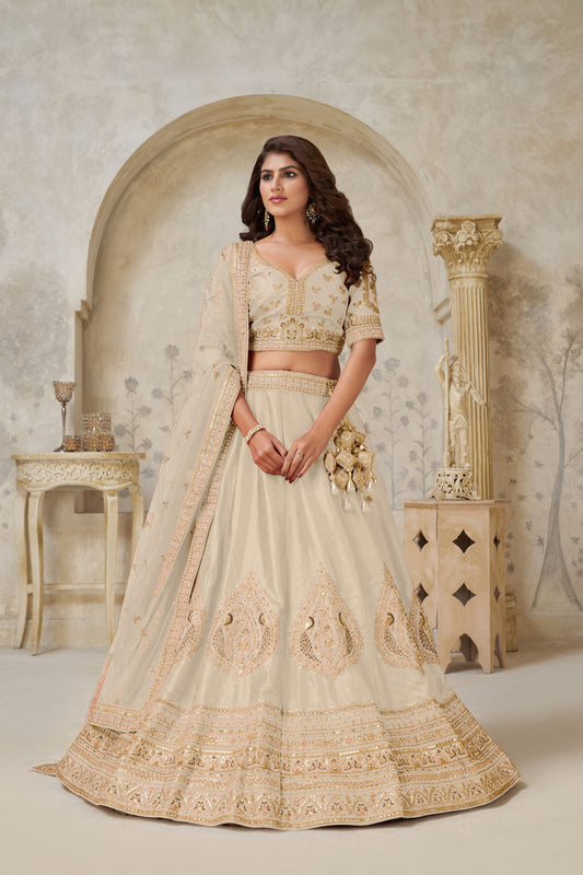 Stunning Cream Silk Embroidered Lehenga Choli with Matching Dupatta for Wedding