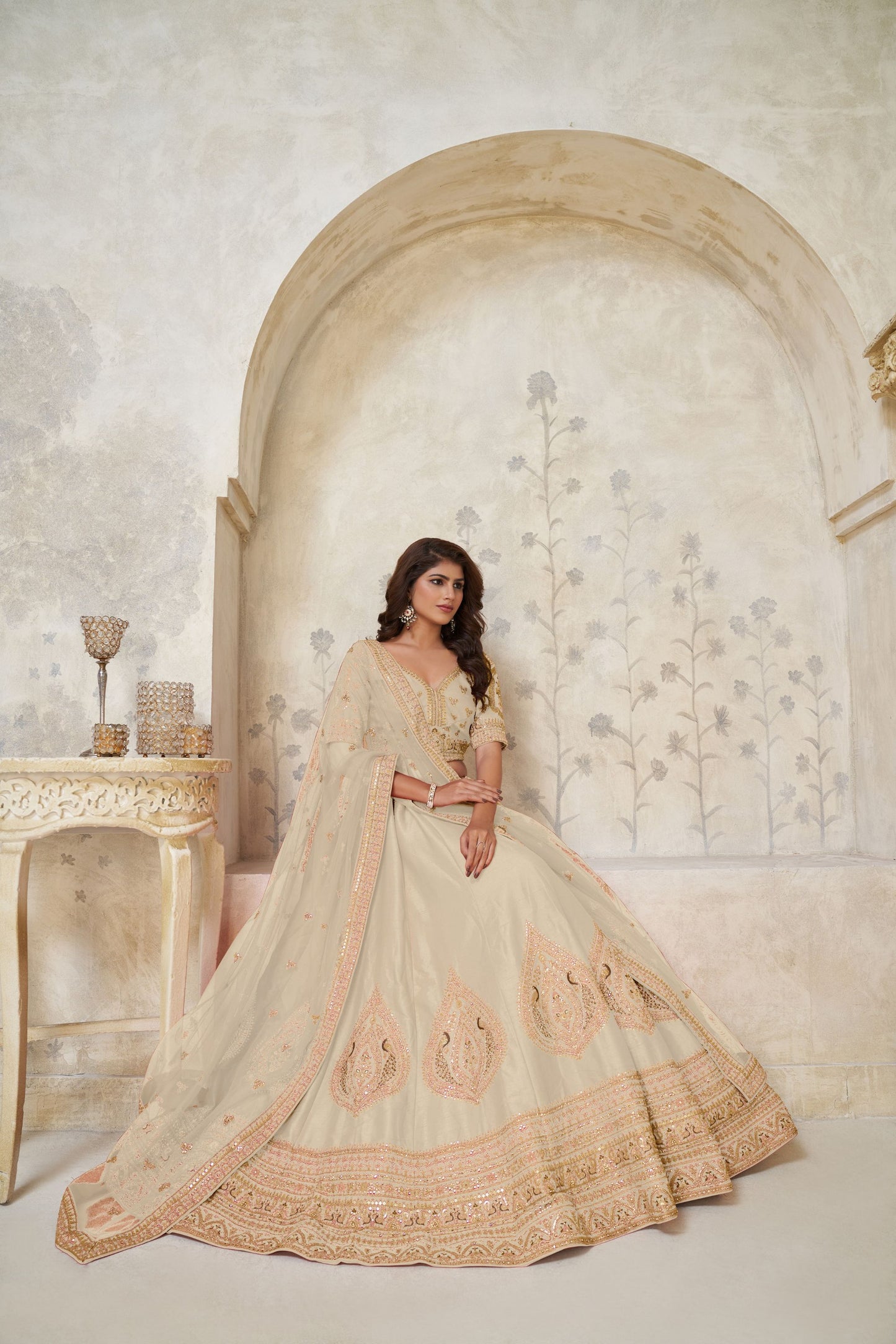 Stunning Cream Silk Embroidered Lehenga Choli with Matching Dupatta for Wedding