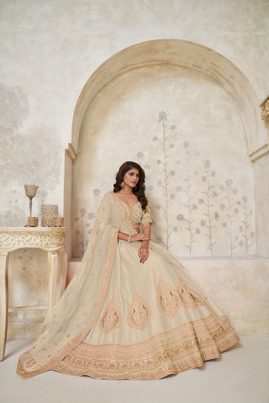 Stunning Cream Silk Embroidered Lehenga Choli with Matching Dupatta for Wedding
