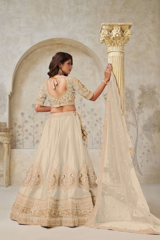 Stunning Cream Silk Embroidered Lehenga Choli with Matching Dupatta for Wedding