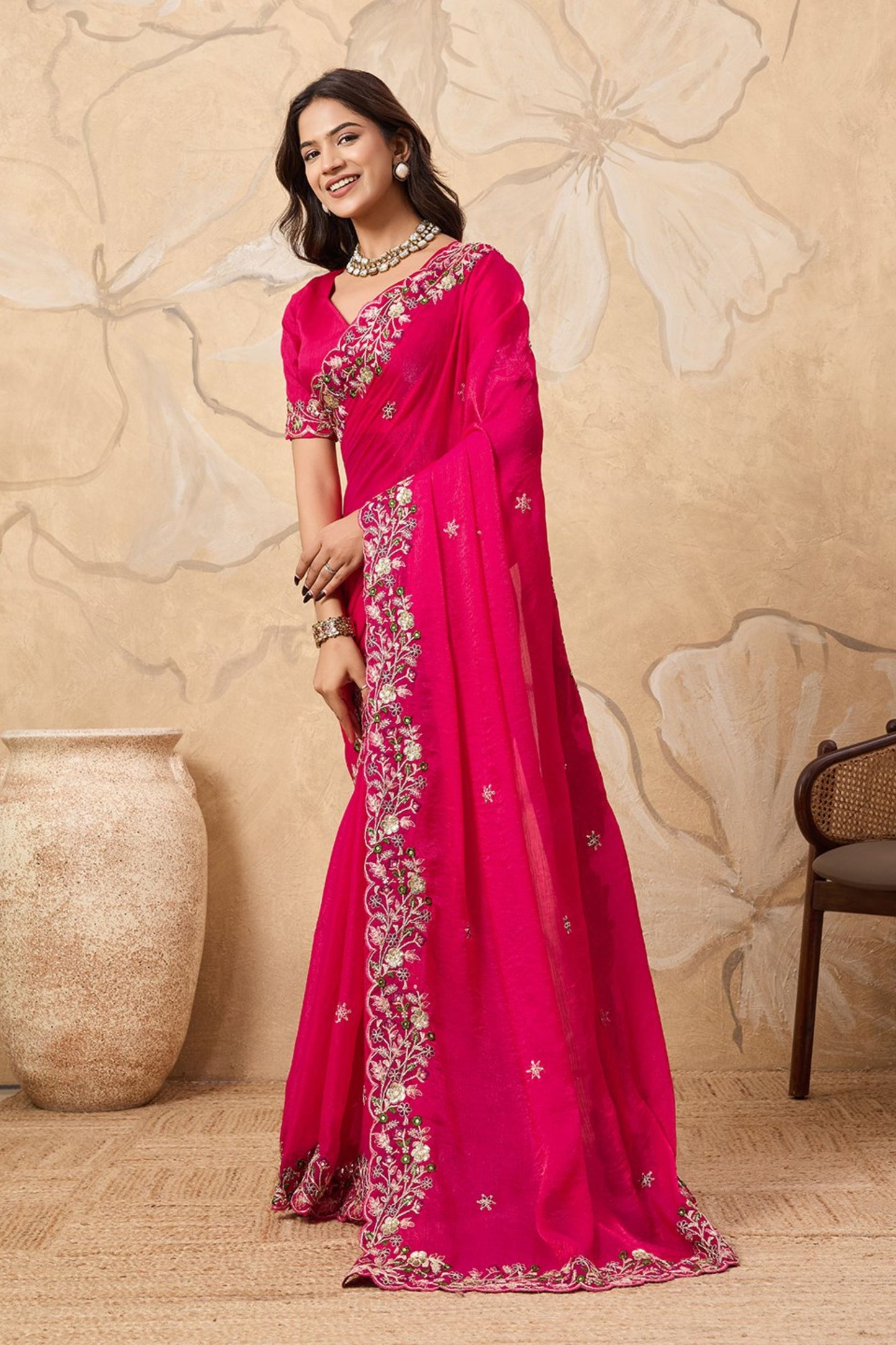 Designer Pink Embroidered Georgette Saree with Blouse