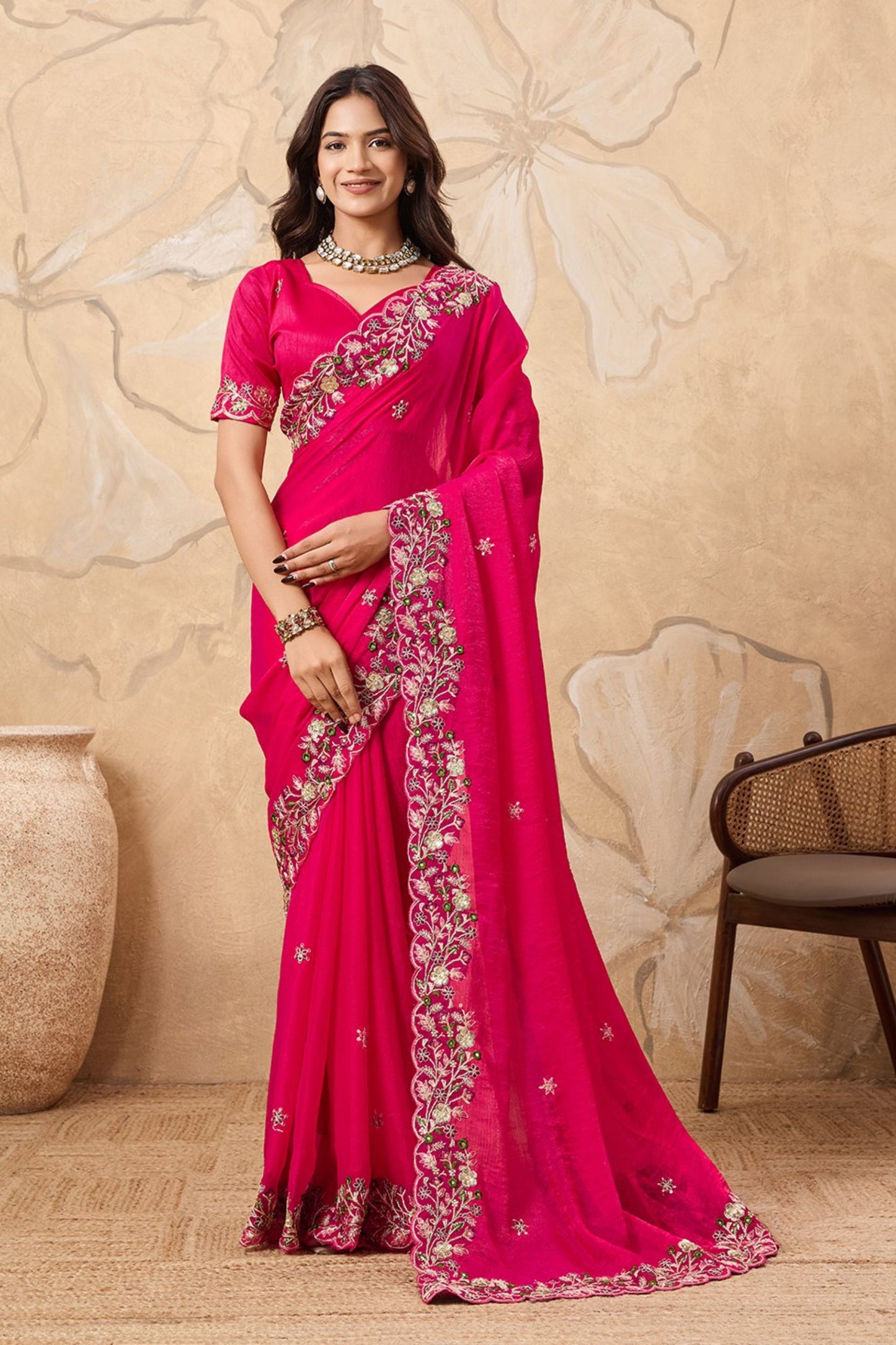 Designer Pink Embroidered Georgette Saree with Blouse