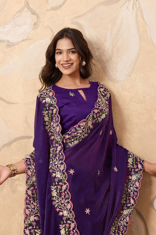 Designer Purple Embroidered Georgette Saree with Matching Blouse