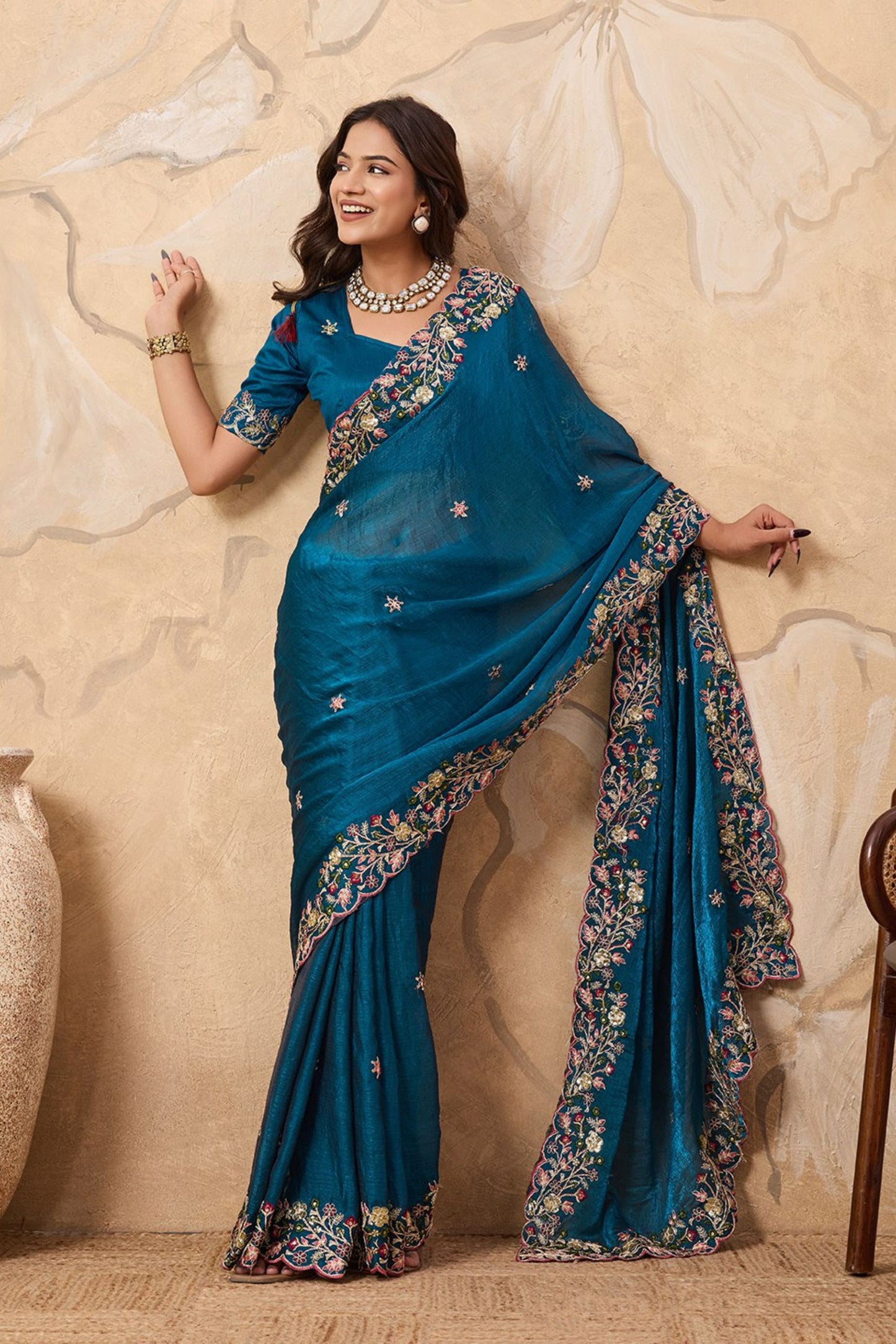 Teal Blue Designer Georgette Saree with Blouse