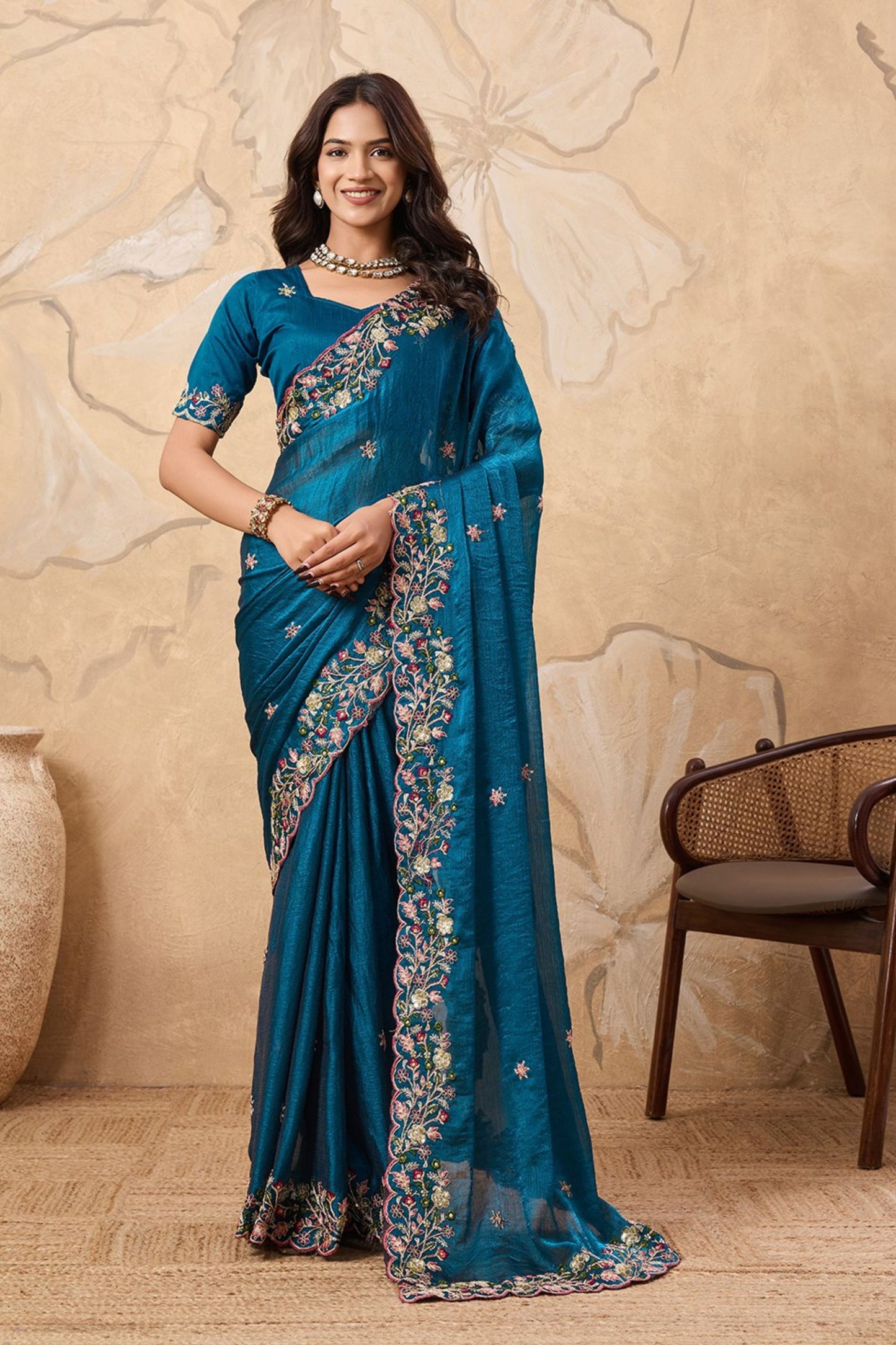 Teal Blue Designer Georgette Saree with Blouse