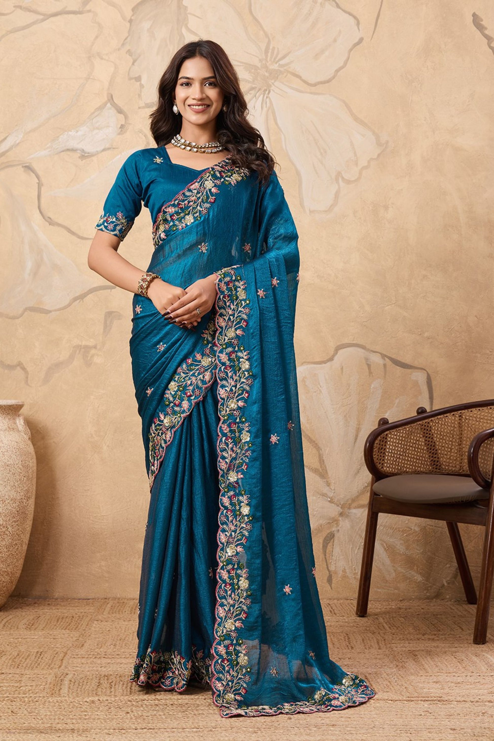 Teal Blue Designer Georgette Saree with Blouse