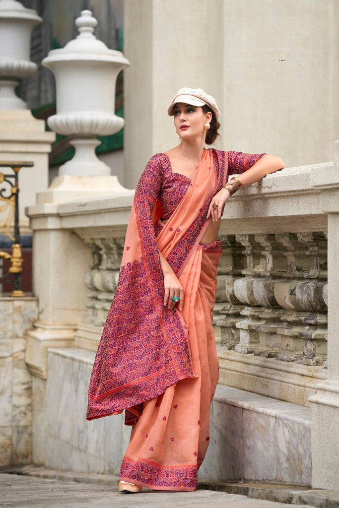 Peach Soft Cotton Saree with Printed Pallu Designer Blouse