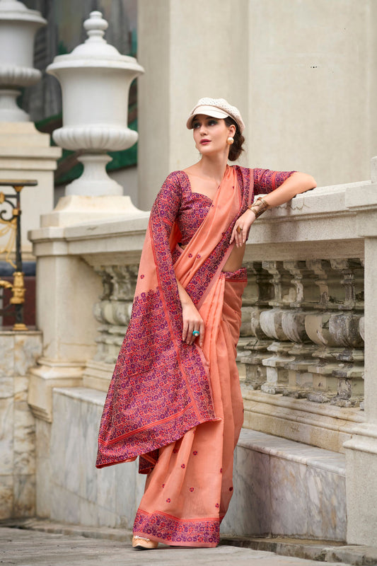 Peach Soft Cotton Saree with Printed Pallu Designer Blouse