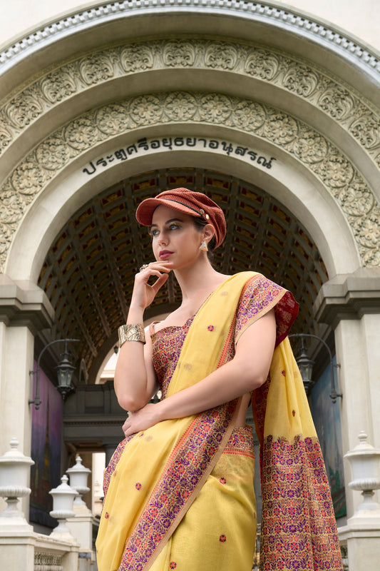 Yellow Printed Cotton Saree with Designer Border Matching Blouse