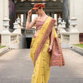 Yellow Printed Cotton Saree with Designer Border Matching Blouse