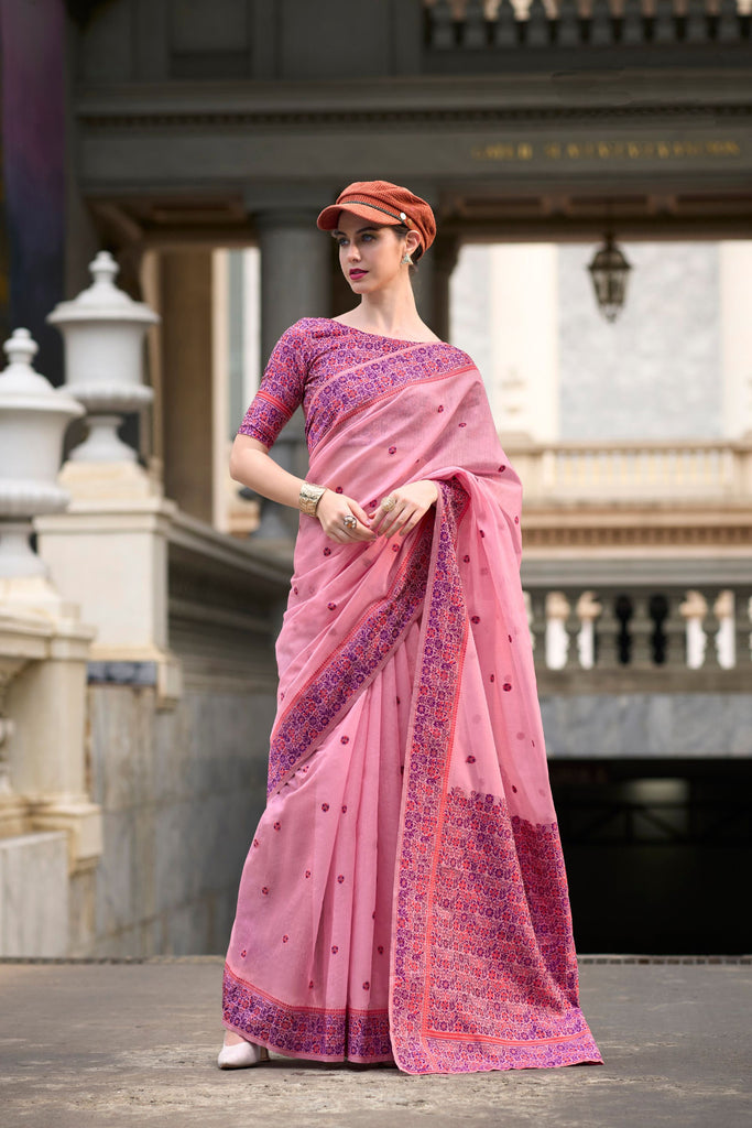 Pink Printed Cotton Saree with Matching Blouse Casual Wear Saree