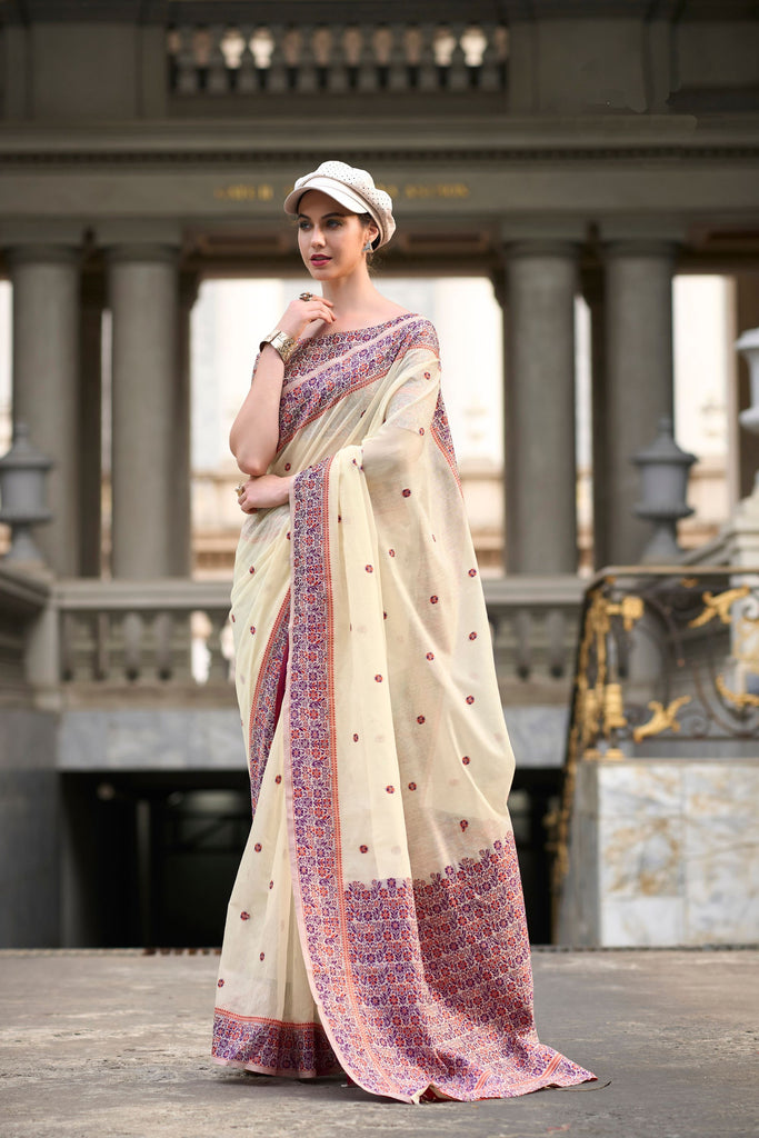 Cream Printed Traditional Saree with Intricate Border
