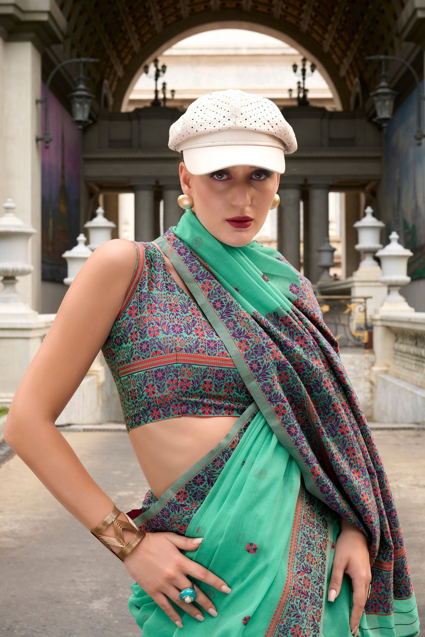 Mint Green Embroidered Silk Saree with Printed Border