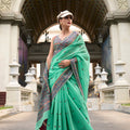 Mint Green Embroidered Silk Saree with Printed Border