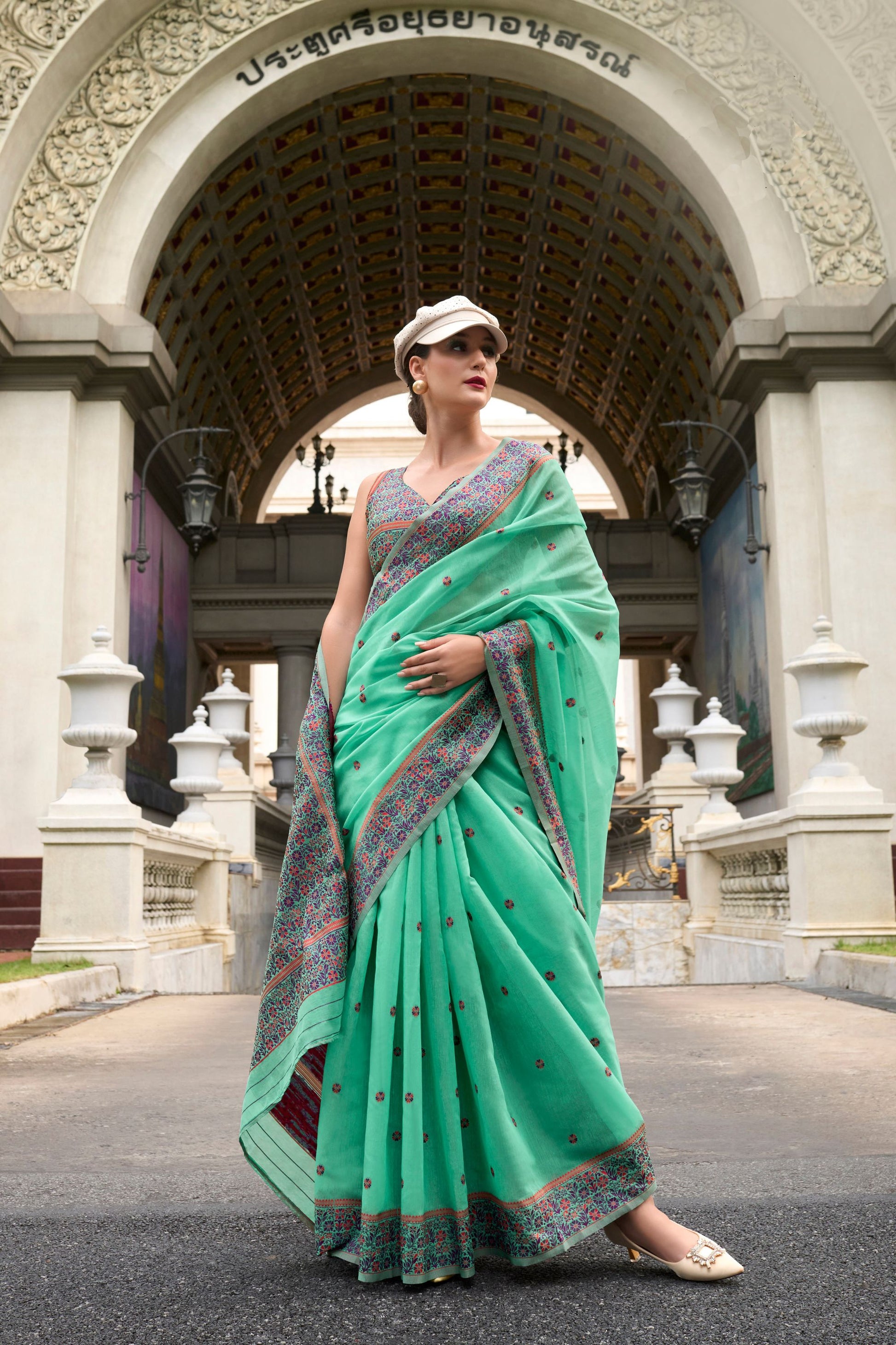 Mint Green Embroidered Silk Saree with Printed Border