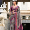 Grey Printed Saree with Contrast Pink Border Blouse