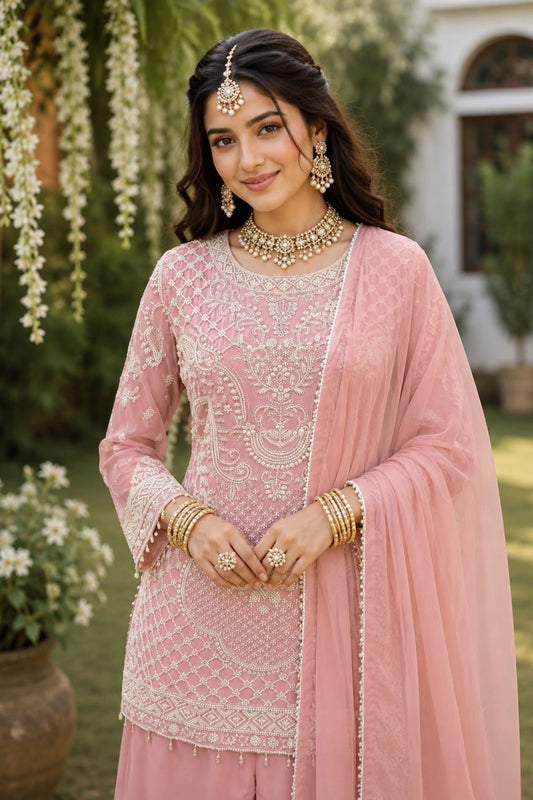 Elegant Pink Embroidered Salwar Suit Thread Work Dupatta for Women