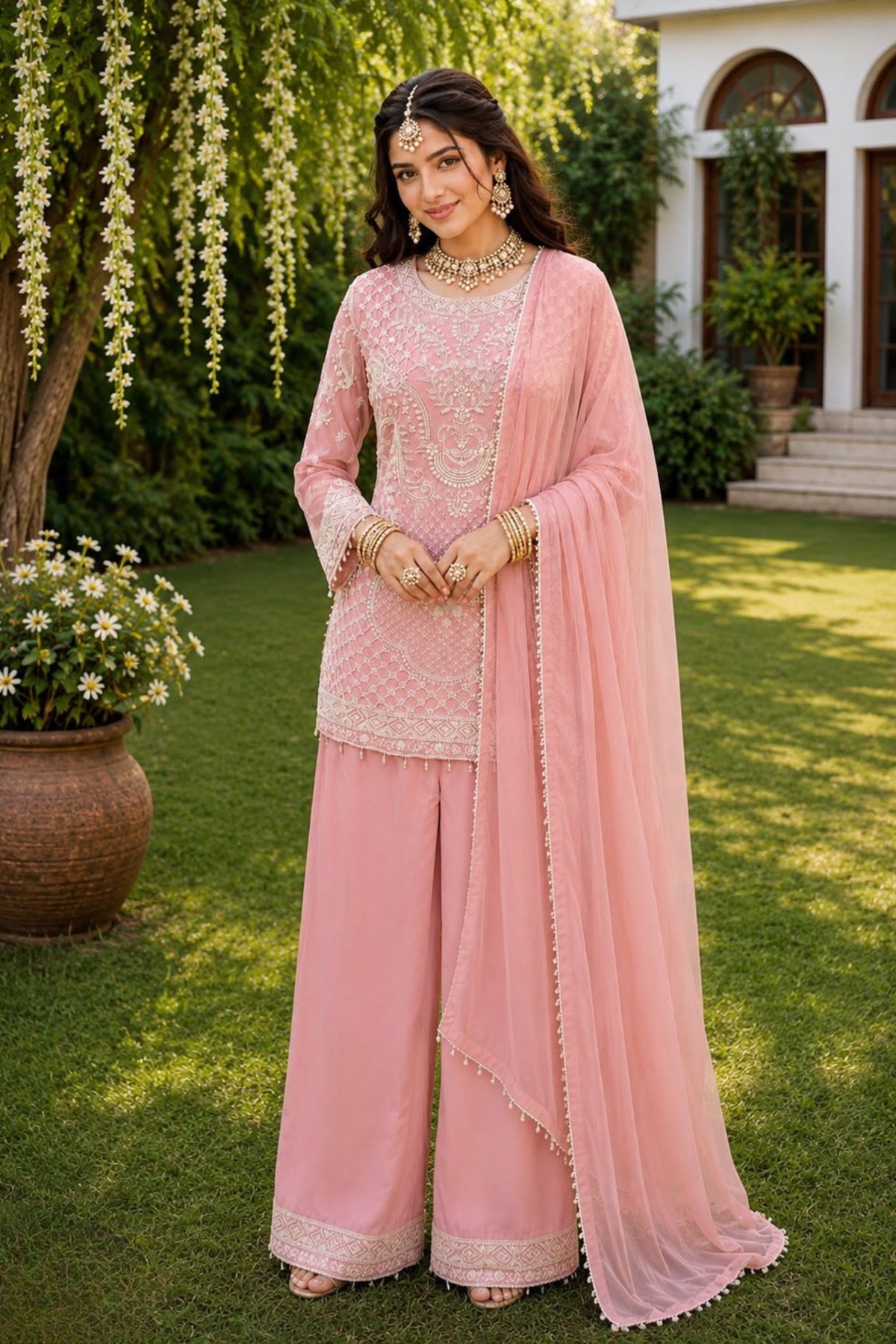 Elegant Pink Embroidered Salwar Suit Thread Work Dupatta for Women