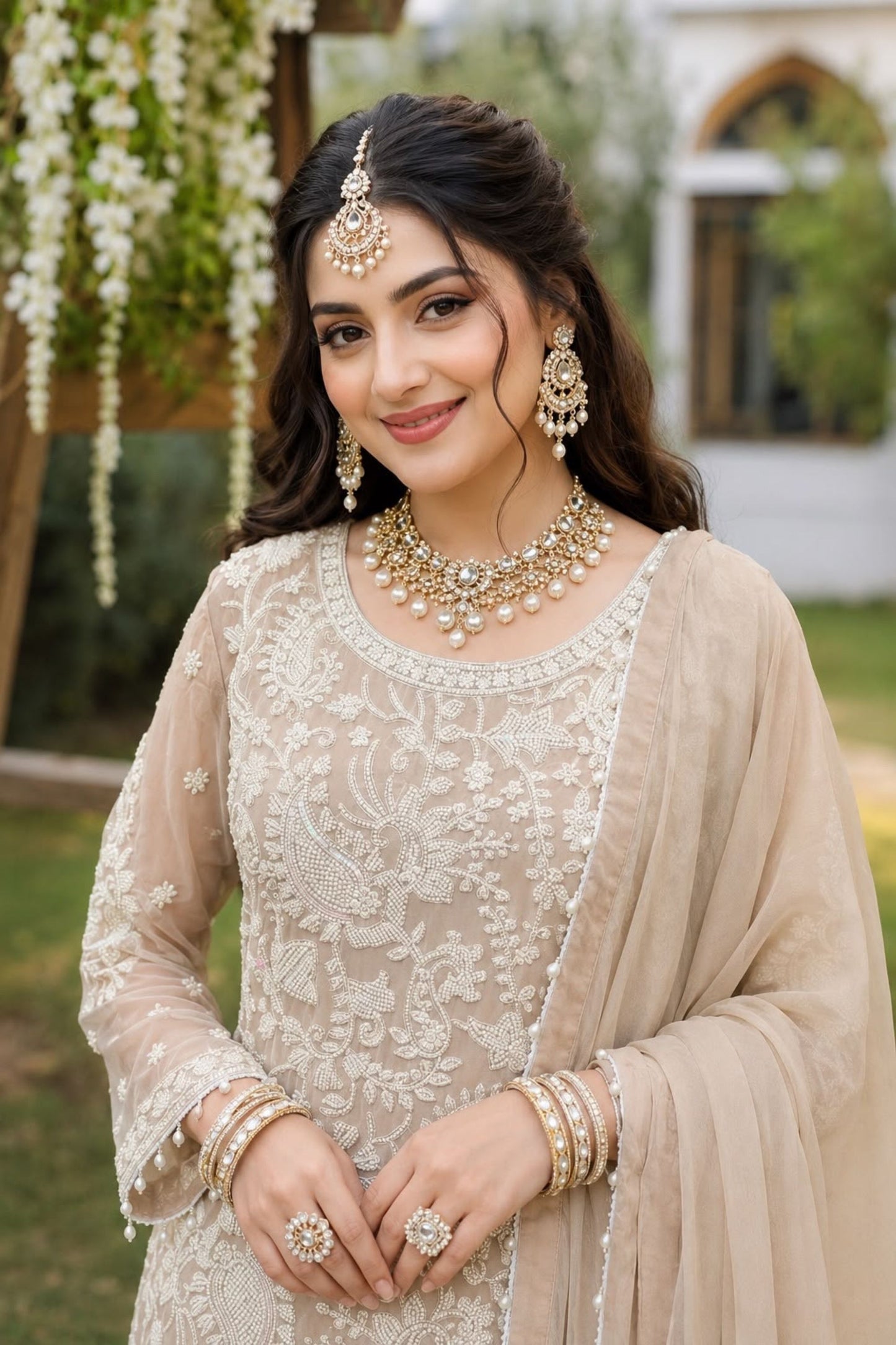 Stylish Beige Real Premium Georgette Embroidered Beads Work Salwar Suit for Women
