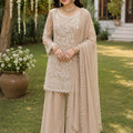 Stylish Beige Real Premium Georgette Embroidered Beads Work Salwar Suit for Women