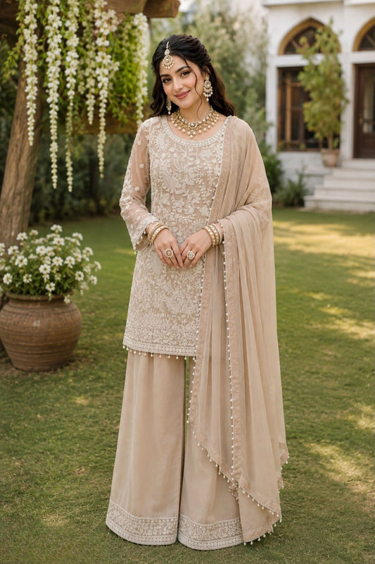 Stylish Beige Real Premium Georgette Embroidered Beads Work Salwar Suit for Women