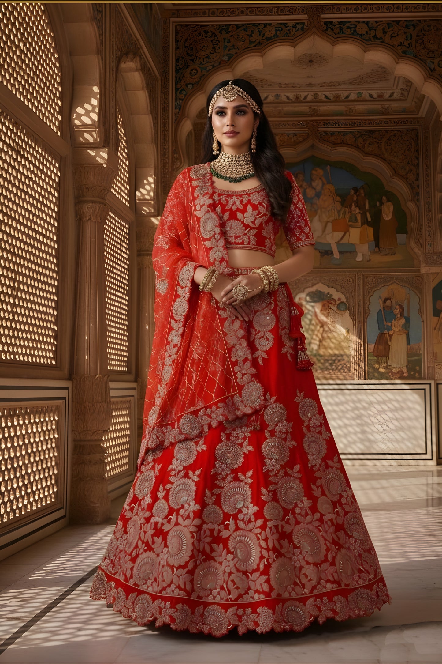 Elegant Red Velvet Embroidered Bridal Lehenga Choli with Heavy Zari and Sequins Work Dupatta