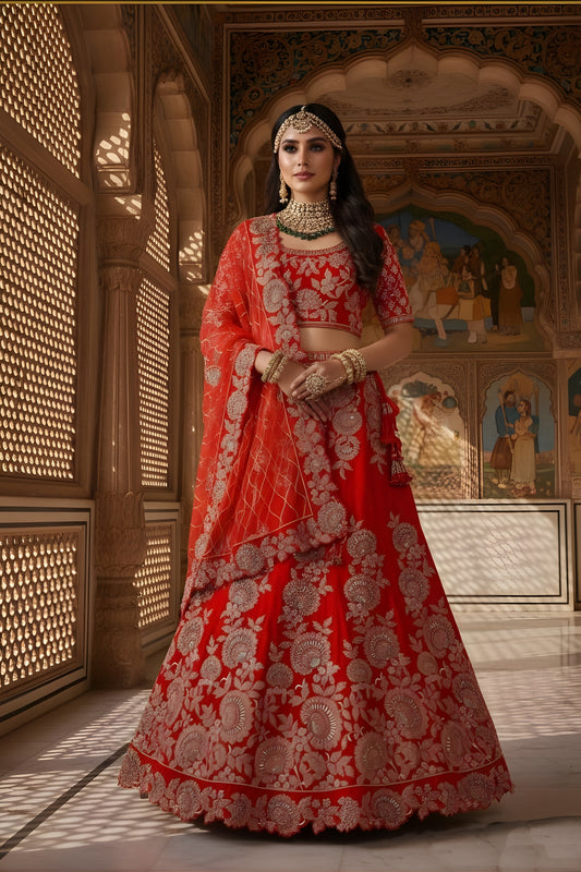 Elegant Red Velvet Embroidered Bridal Lehenga Choli with Heavy Zari and Sequins Work Dupatta