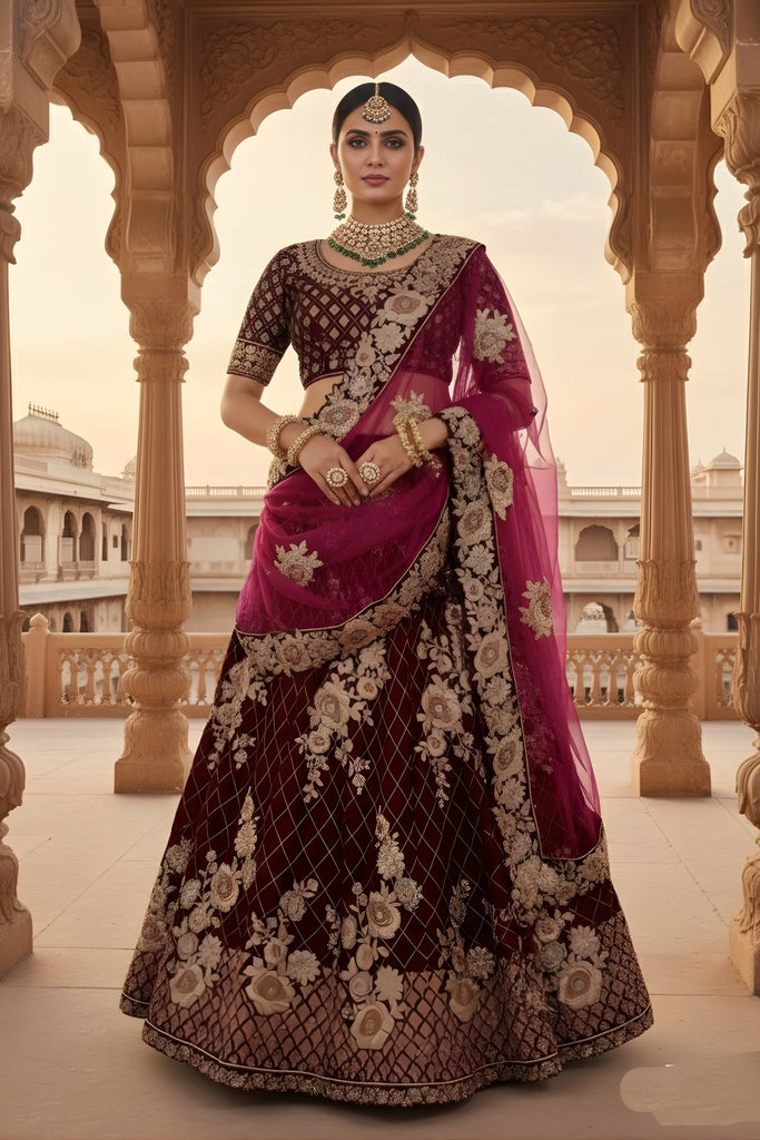 Royal Wine Velvet Embroidered Bridal Lehenga Choli with Heavy Zari Work and Net Dupatta