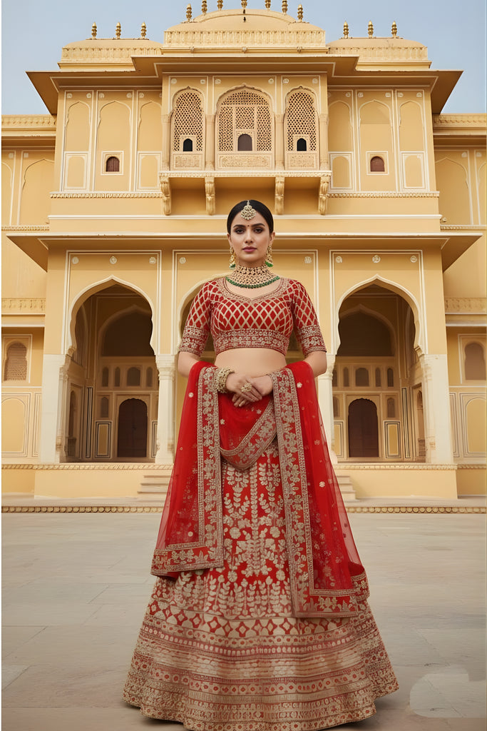 Radiant Red Velvet Embroidered Bridal Lehenga Choli with Heavy Zari Work and Net Dupatta