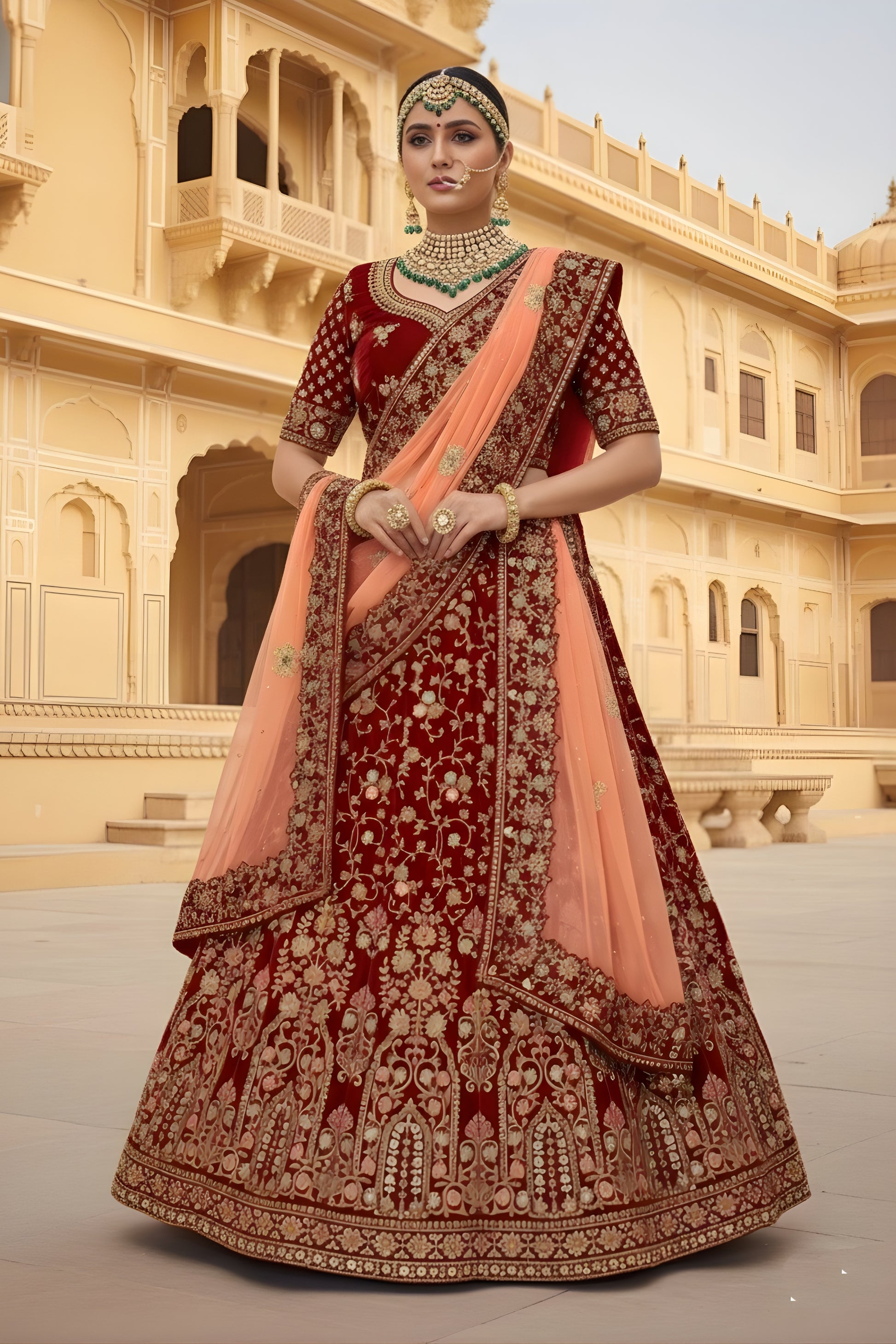 Fancy Maroon Velvet Embroidered Bridal Lehenga Choli with Heavy Zari Work and Peach Net Dupatta