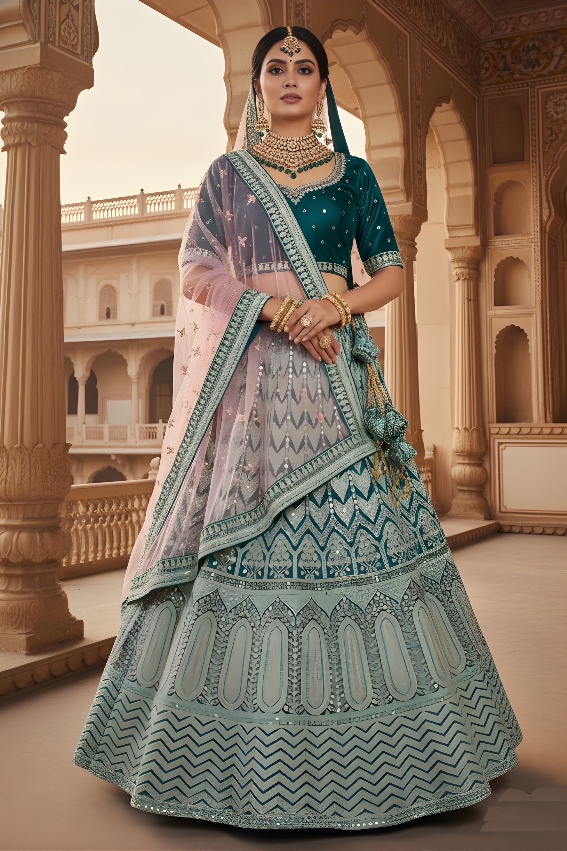 Stylish Mint Green Embroidered Bridal Lehenga Choli with Mirror Work and Net Dupatta