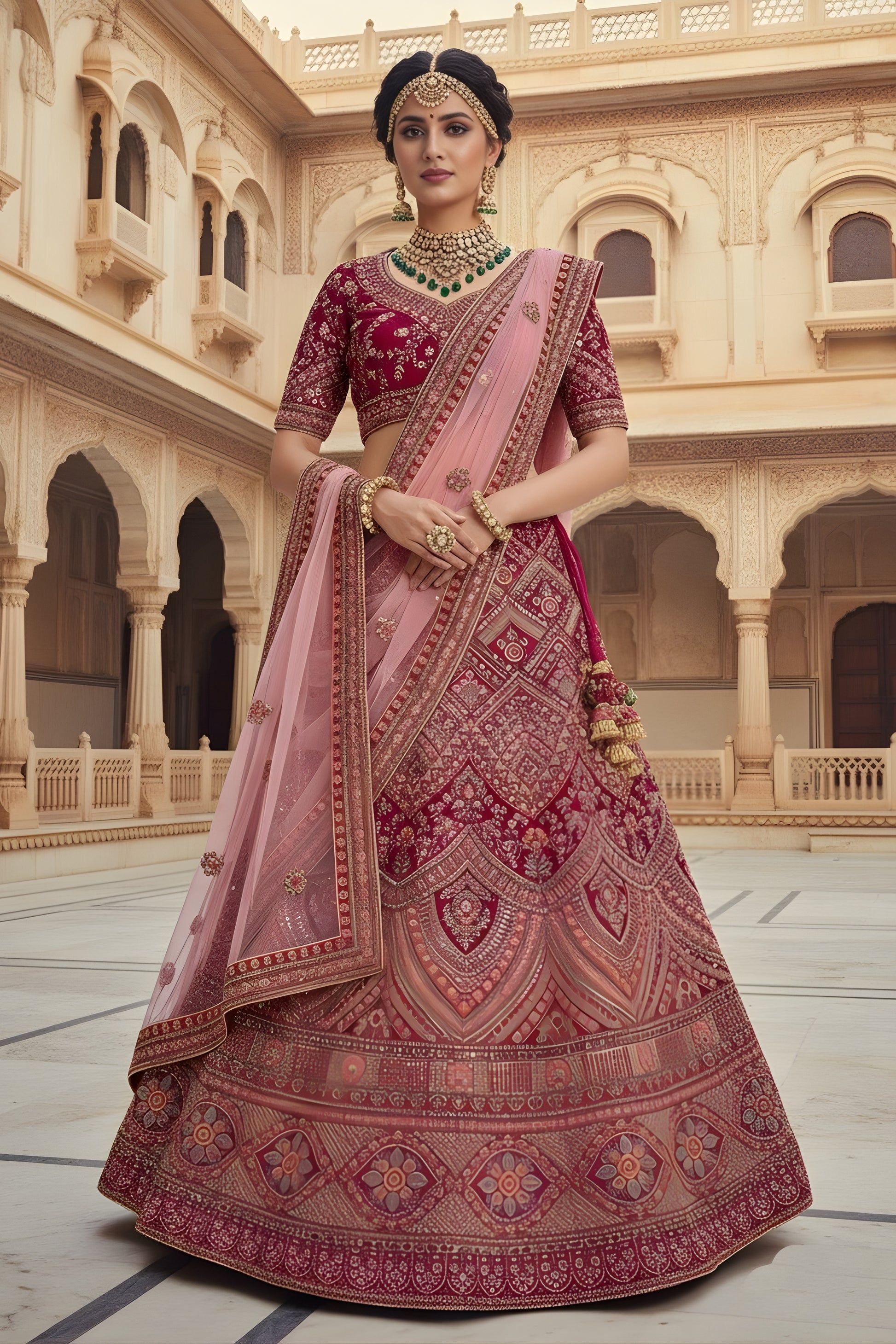 Lovely Pink Embroidered Bridal Lehenga Choli with Heavy Zari and Sequins Work Net Dupatta