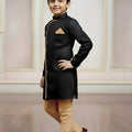 Cute Black Indo Western Sherwani for Boys with Beige Pyjama For Wedding Wear