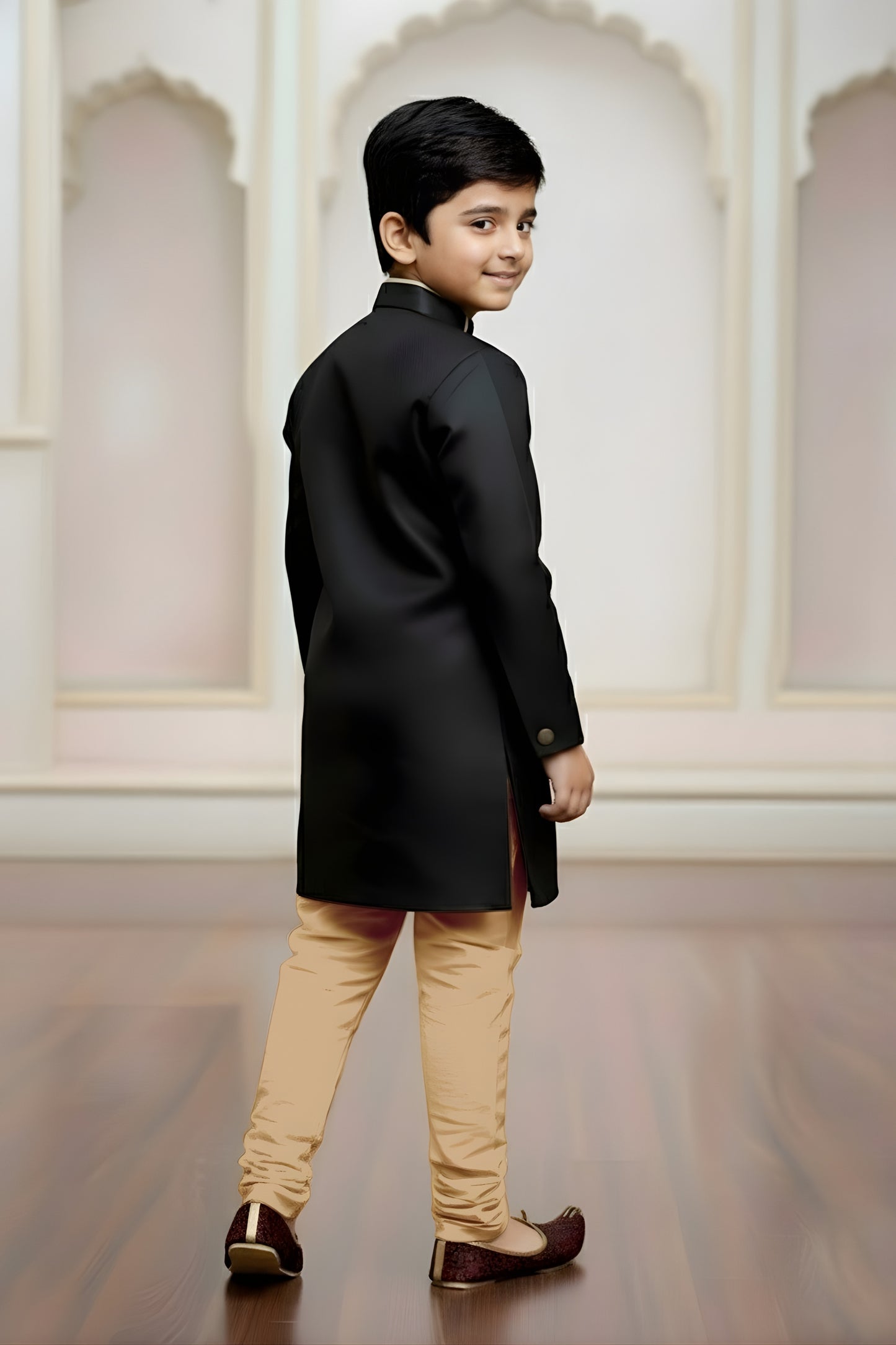 Cute Black Indo Western Sherwani for Boys with Beige Pyjama For Wedding Wear