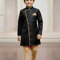 Cute Black Indo Western Sherwani for Boys with Beige Pyjama For Wedding Wear