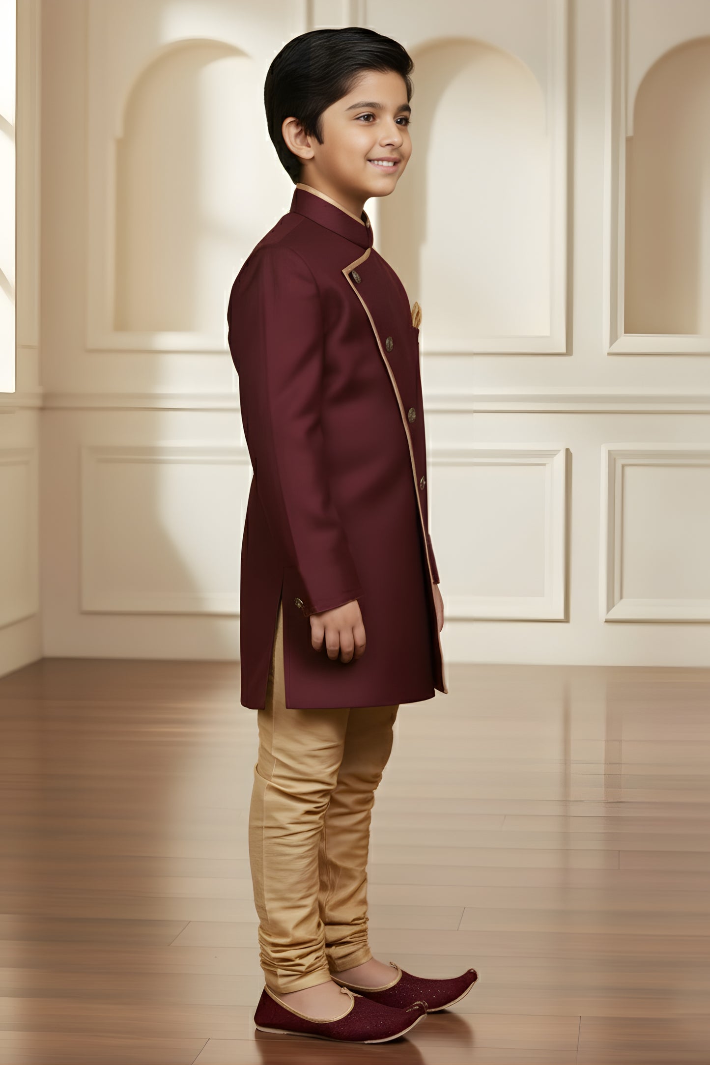 Stylish Maroon Boys Indo Western with Golden Pyjama For Wedding Wear