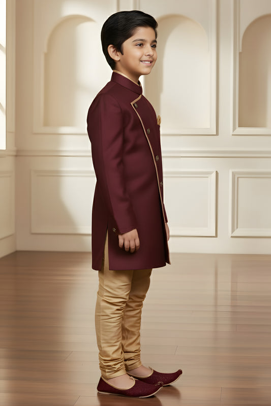 Stylish Maroon Boys Indo Western with Golden Pyjama For Wedding Wear