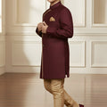 Stylish Maroon Boys Indo Western with Golden Pyjama For Wedding Wear