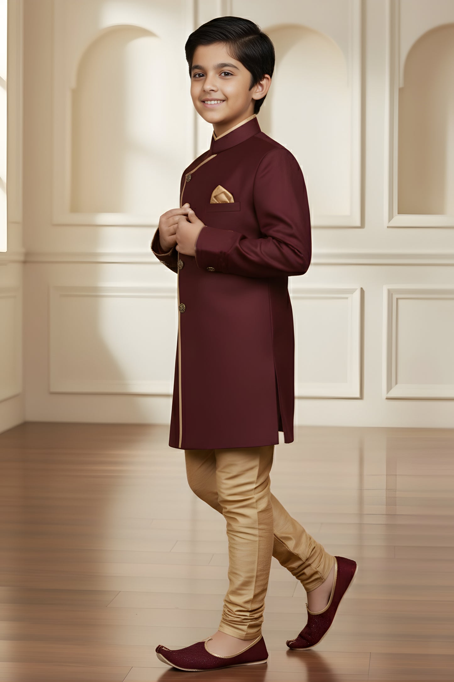 Stylish Maroon Boys Indo Western with Golden Pyjama For Wedding Wear