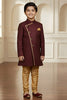 Stylish Maroon Boys Indo Western with Golden Pyjama For Wedding Wear 
