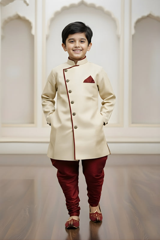 Stunning Cream Boys Indo Western with Maroon Pyjama For Wedding Wear