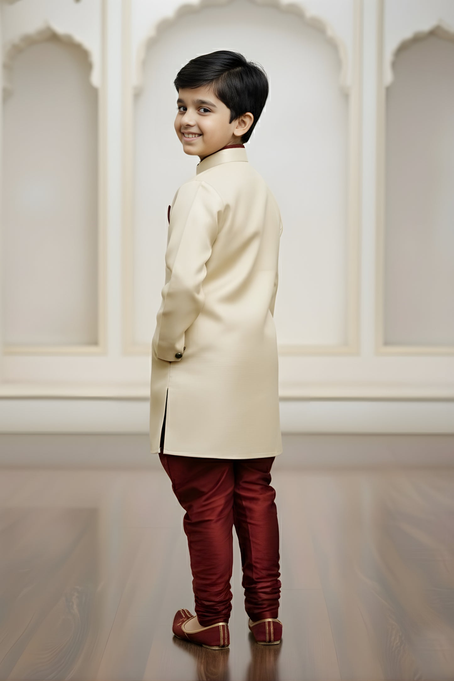 Stunning Cream Boys Indo Western with Maroon Pyjama For Wedding Wear