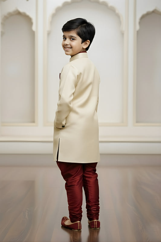 Stunning Cream Boys Indo Western with Maroon Pyjama For Wedding Wear