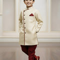 Stunning Cream Boys Indo Western with Maroon Pyjama For Wedding Wear