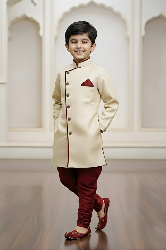 Stunning Cream Boys Indo Western with Maroon Pyjama For Wedding Wear