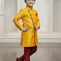 Vibrant Yellow Boys Indo Western with Maroon Pyjama For Wedding Wear
