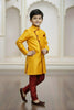 Vibrant Yellow Boys Indo Western with Maroon Pyjama For Wedding Wear