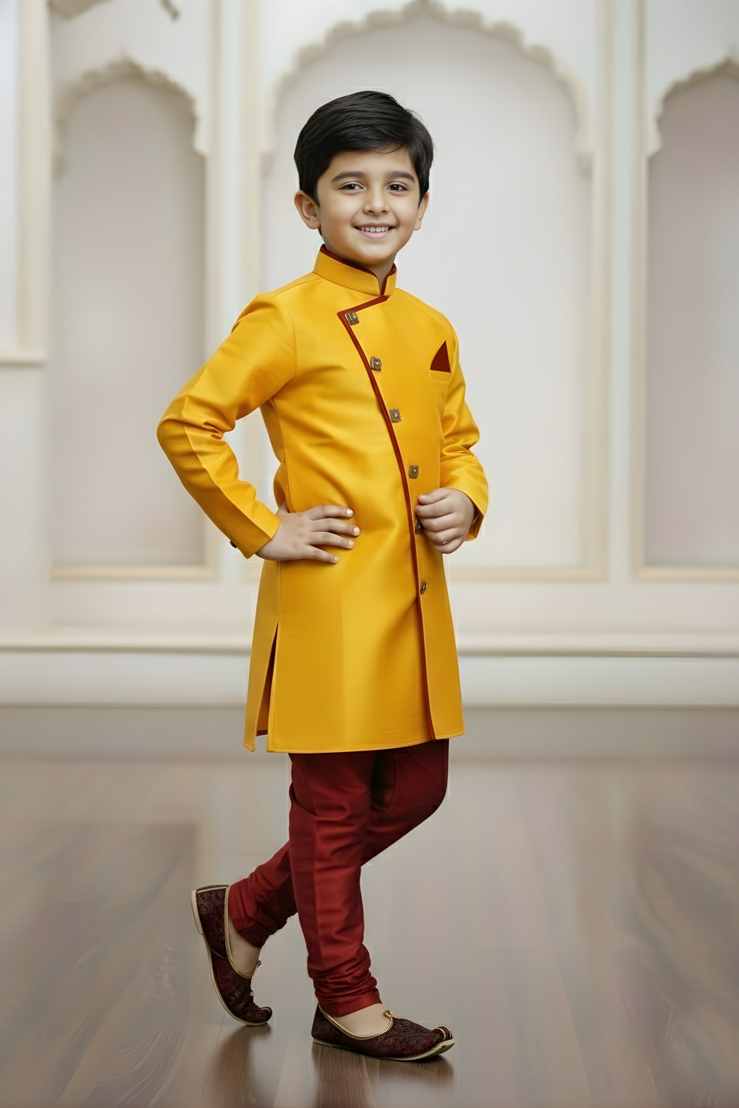 Vibrant Yellow Boys Indo Western with Maroon Pyjama For Wedding Wear